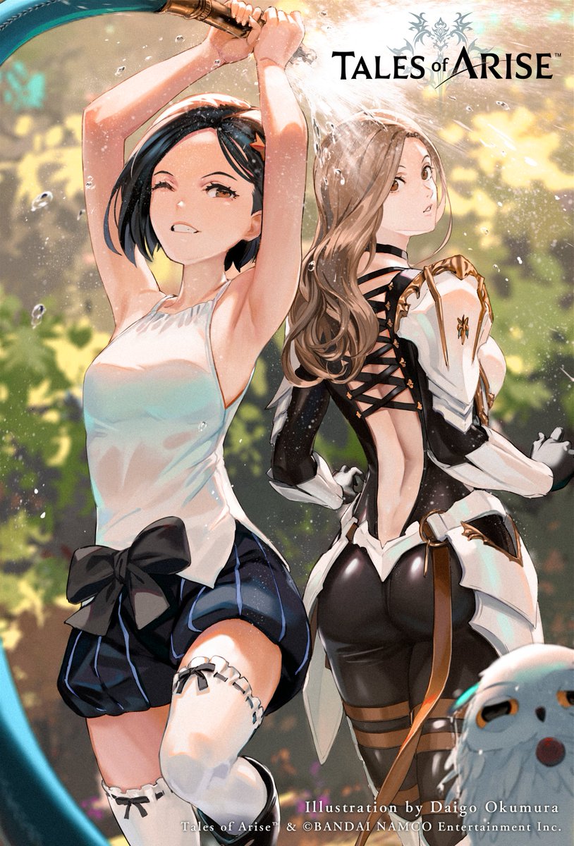 2girls, armor, arms_up, ass, black_hair, brown_hair, copyright, copyright_name