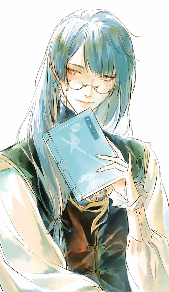 1boy, bangs, blue_hair, book, chinese_clothes, earrings, frilled_sleeves, frills, genshin_impact, glasses, hair_over_shoulder, highres, holding, holding_book, jewelry, kkcoocool, light_blush, light_smile, long_hair, long_sleeves, looking_to_the_side, male_focus, single_earring, solo, upper_body, white_background, xingqiu_(genshin_impact), yellow_eyes