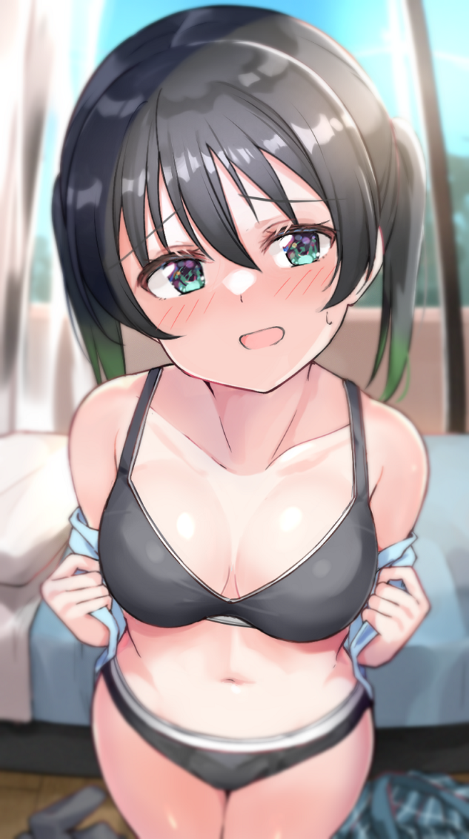 1girl, bed, black_bra, black_hair, black_panties, blue_background, bra, breasts