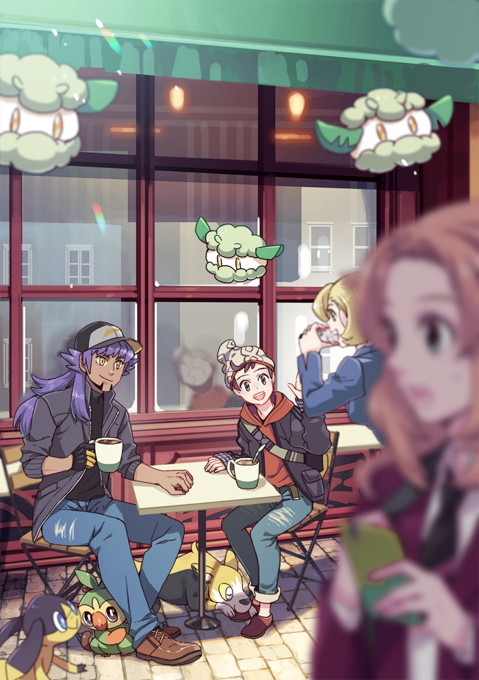 2boys, 2girls, alternate_costume, bangs, baseball_cap, black_shirt, blonde_hair, blurry