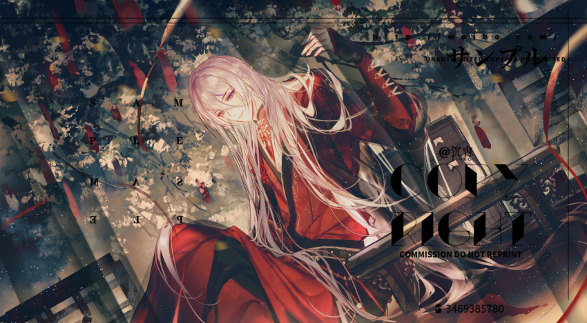 1boy, arm_up, blue_eyes, chinese_clothes, dress, for_all_time, grey_hair, hair_between_eyes