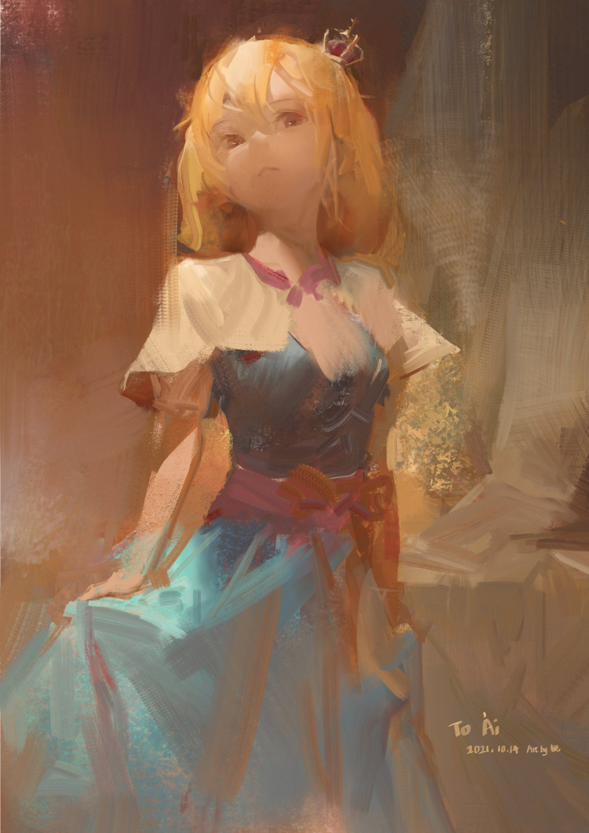 1girl, alice_margatroid, alternate_eye_color, artist_name, bangs, blonde_hair, blue_dress, capelet