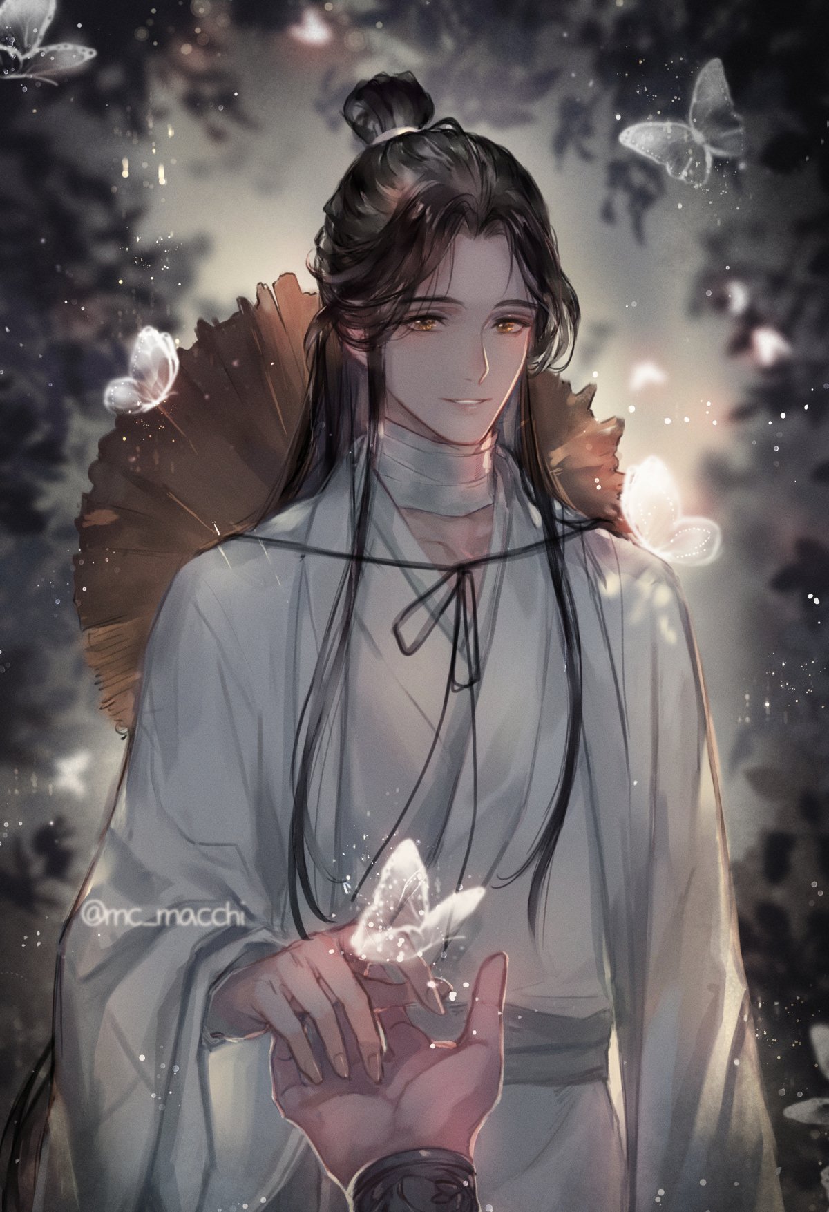 2boys, artist_name, black_hair, bug, butterfly, chinese_clothes, earrings, hand_grab, hat, highres, jewelry, long_hair, male_focus, mc_macchi, multiple_boys, out_of_frame, outstretched_arms, smile, solo_focus, straw_hat, tian_guan_ci_fu, white_butterfly, wide_sleeves, xie_lian