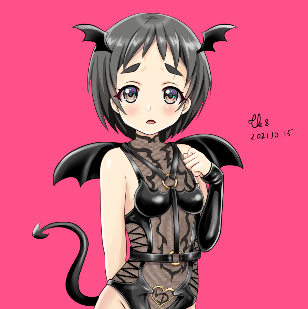1girl, black_eyes, black_hair, black_leotard, demon_costume, demon_horns, demon_tail, demon_wings
