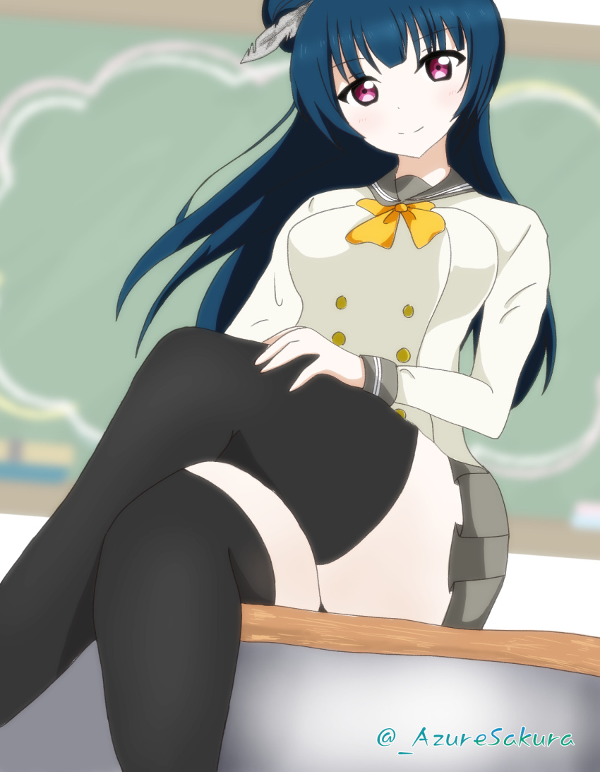 azuresakura, desk, highres, love_live!, love_live!_school_idol_project, love_live!_sunshine!!, on_desk, over-kneehighs