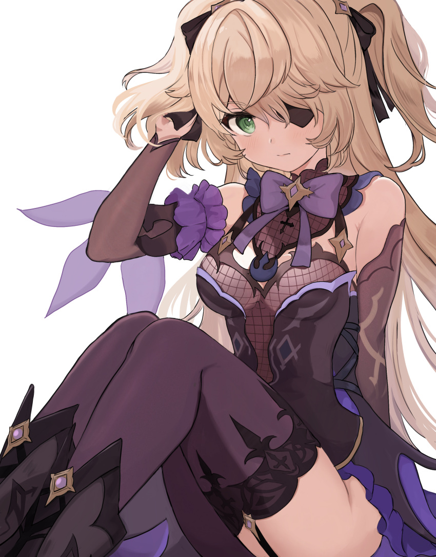 1girl, absurdres, bare_shoulders, black_dress, black_legwear, blonde_hair, bodysuit, bow, breasts, dress, etoria, eyepatch, fischl_(genshin_impact), fishnet_bodysuit, fishnets, garter_straps, genshin_impact, gothic_lolita, green_eyes, hair_ribbon, highres, lolita_fashion, long_hair, looking_at_viewer, purple_bow, ribbon, simple_background, sitting, solo, twintails, white_background