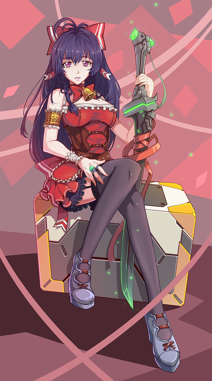 1girl, bangs, bare_shoulders, bell, black_legwear, bow, bowtie, choudan