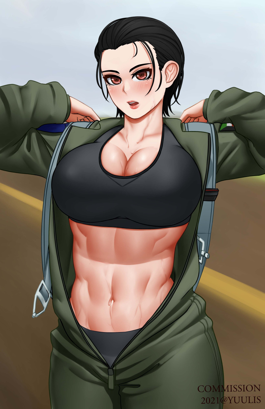 1girl, abs, absurdres, artist_name, black_hair, black_sports_bra, breasts, brown_eyes, commission, dated, desert, hair_slicked_back, highres, jumpsuit, kuwaiti_flag, large_breasts, military, muscular, muscular_female, navel, open_clothes, open_fly, open_mouth, open_shirt, original, short_hair, simple_background, sports_bra, sweat, yuulis27