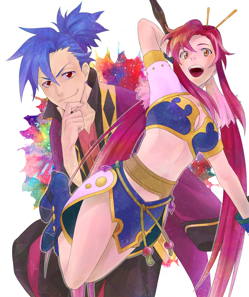 1girl, blue_hair, breasts, cleavage, cosplay, couple, judith, judith_(cosplay)