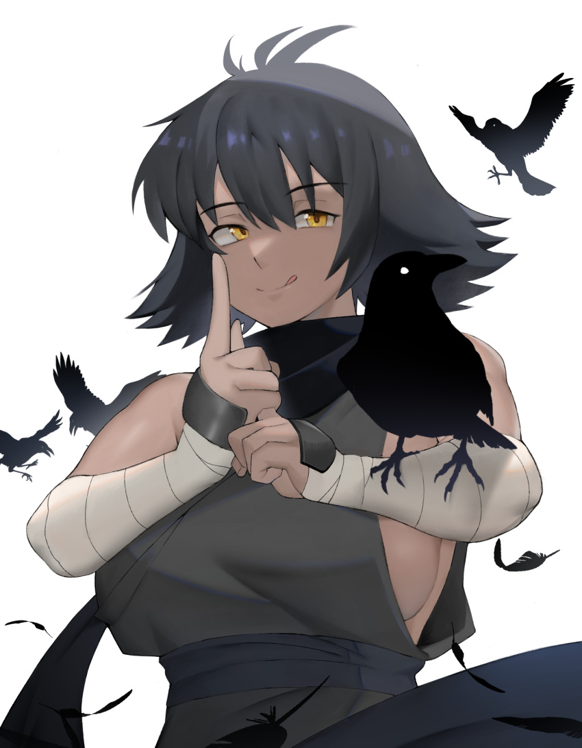 1girl, black_hair, breasts, brown_eyes, character_request, closed_mouth, copyright_request, dark-skinned_female