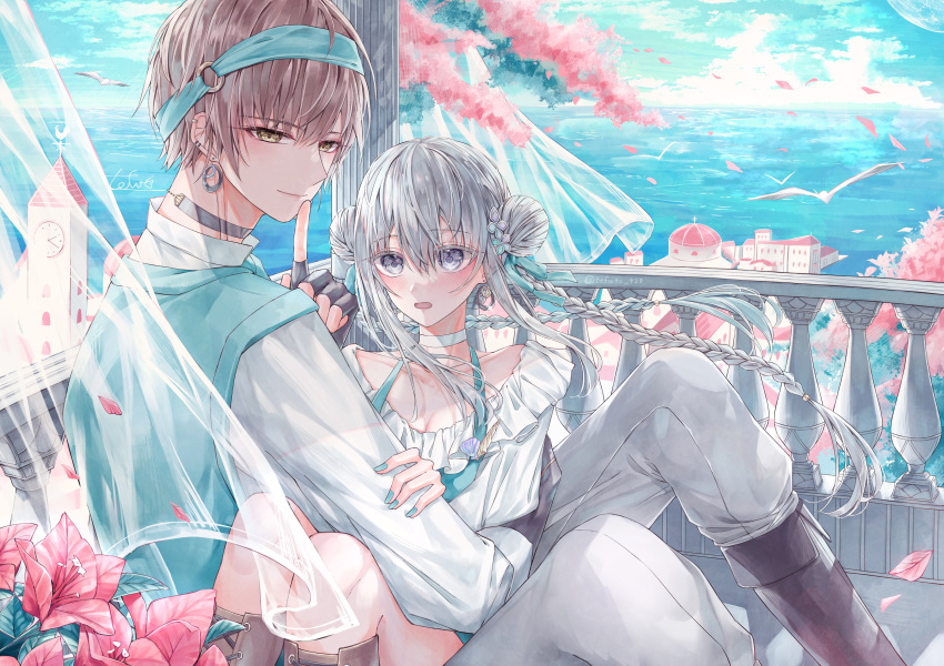 1boy, 1girl, absurdres, aqua_choker, aqua_nails, aqua_shirt, balcony, bird