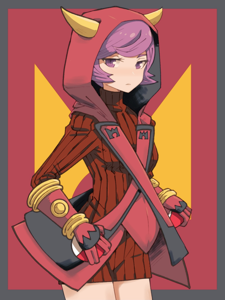 1girl, bangs, batchgooya, breasts, closed_mouth, commentary_request, courtney_(pokemon), cowboy_shot, dress, eyelashes, fake_horns, gloves, highres, holding, holding_poke_ball, hood, hood_up, horns, looking_at_viewer, poke_ball, poke_ball_(basic), pokemon, pokemon_(game), pokemon_oras, purple_hair, ribbed_dress, short_hair, solo, sweater, sweater_dress, team_magma, team_magma_uniform, turtleneck_dress, violet_eyes