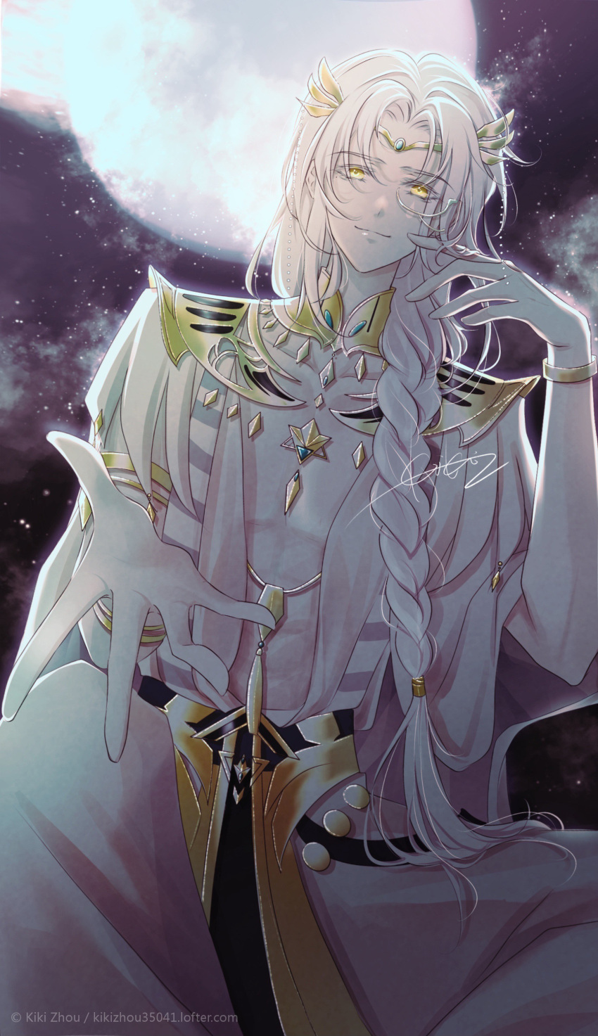 1boy, absurdres, bracelet, braid, clouds, cloudy_sky, egyptian_clothes, for_all_time