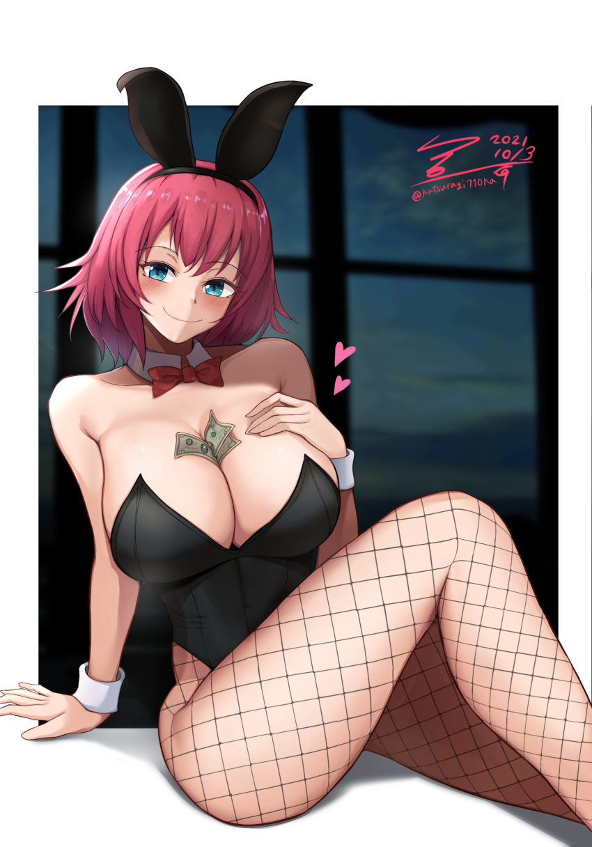 1girl, absurdres, between_breasts, black_leotard, blue_eyes, bow, bowtie, breasts, detached_collar, fishnet_legwear, fishnets, highleg, highleg_leotard, highres, katsuragi_nantoka, large_breasts, leotard, medium_hair, n1rv_ann-a, pantyhose, playboy_bunny, red_neckwear, redhead, sam_(n1rv_ann-a), sitting, solo, strapless, strapless_leotard, wrist_cuffs