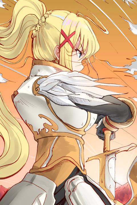 1girl, armor, bangs, blonde_hair, blue_eyes, braid, breasts, darkness_(konosuba), eyebrows_visible_through_hair, from_behind, gloves, hair_between_eyes, hair_ornament, kono_subarashii_sekai_ni_shukufuku_wo!, large_breasts, long_hair, melt_(ghfla10), ponytail, solo, sword, very_long_hair, weapon, x_hair_ornament