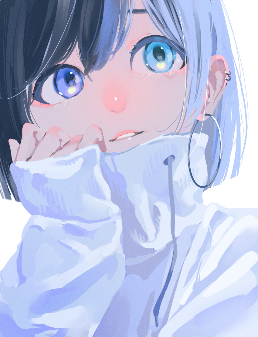1girl, absurdres, bangs, black_hair, blue_eyes, drawstring, ear_piercing, earrings
