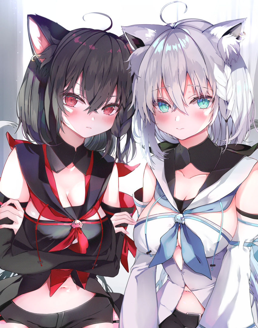 2girls, absurdres, ahoge, animal_ear_fluff, animal_ears, aqua_eyes, black_hair, blush