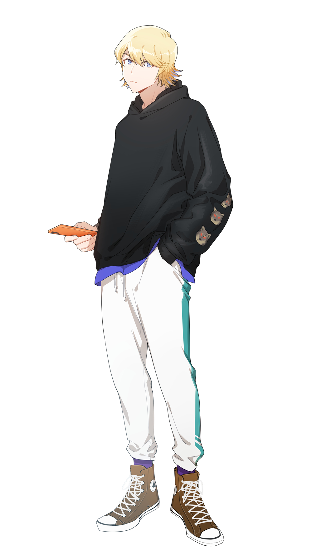 1boy, ace_of_diamond, bangs, black_hoodie, blonde_hair, blue_eyes, brown_footwear, closed_mouth