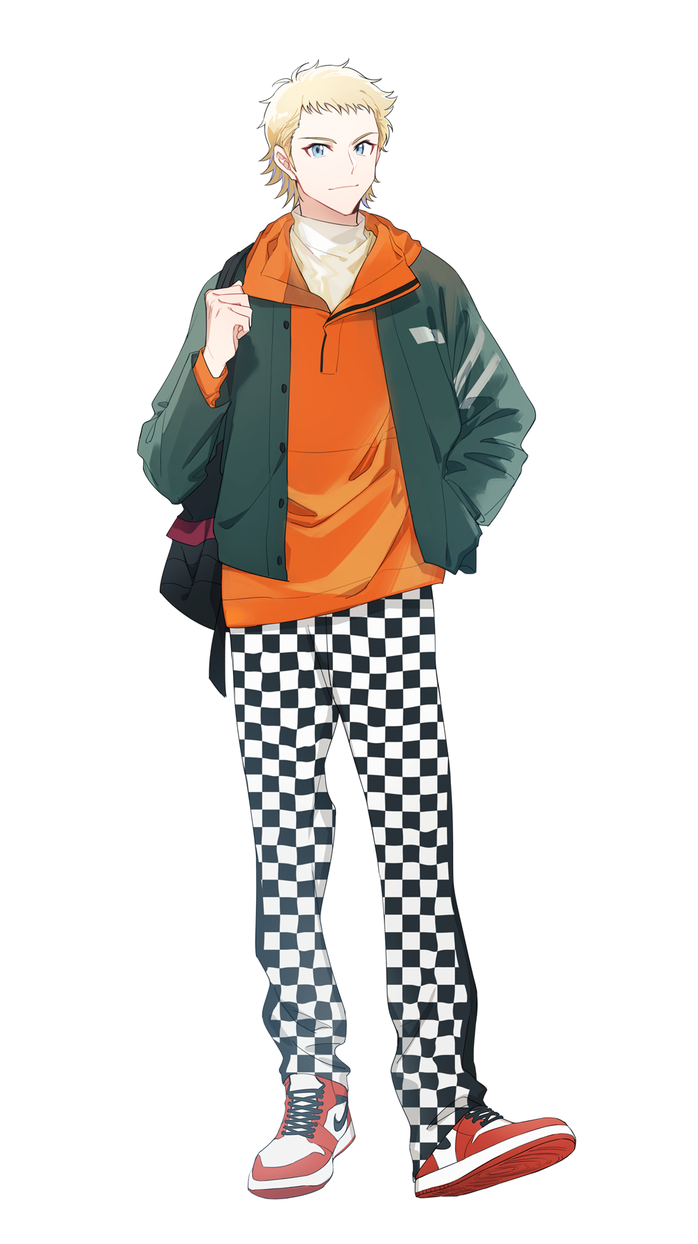 1boy, ace_of_diamond, backpack, bag, black_pants, blonde_hair, blue_eyes, closed_mouth, green_jacket, highres, hood, hood_down, hoodie, jacket, lack_o, looking_at_viewer, male_focus, narumiya_mei, nike, open_clothes, open_jacket, orange_hoodie, pants, plaid, plaid_pants, red_footwear, shirt, shoes, short_hair, sneakers, solo, two-tone_pants, white_background, white_pants, white_shirt