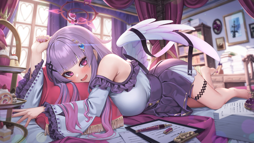 1girl, angel_wings, bangs, bare_shoulders, barefoot, black_ribbon, blunt_bangs, blurry