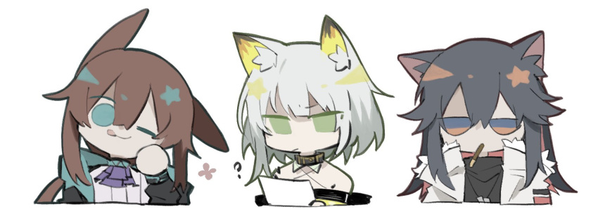3girls, :3, :q, amiya_(arknights), animal_ear_fluff, animal_ears, arknights, ascot