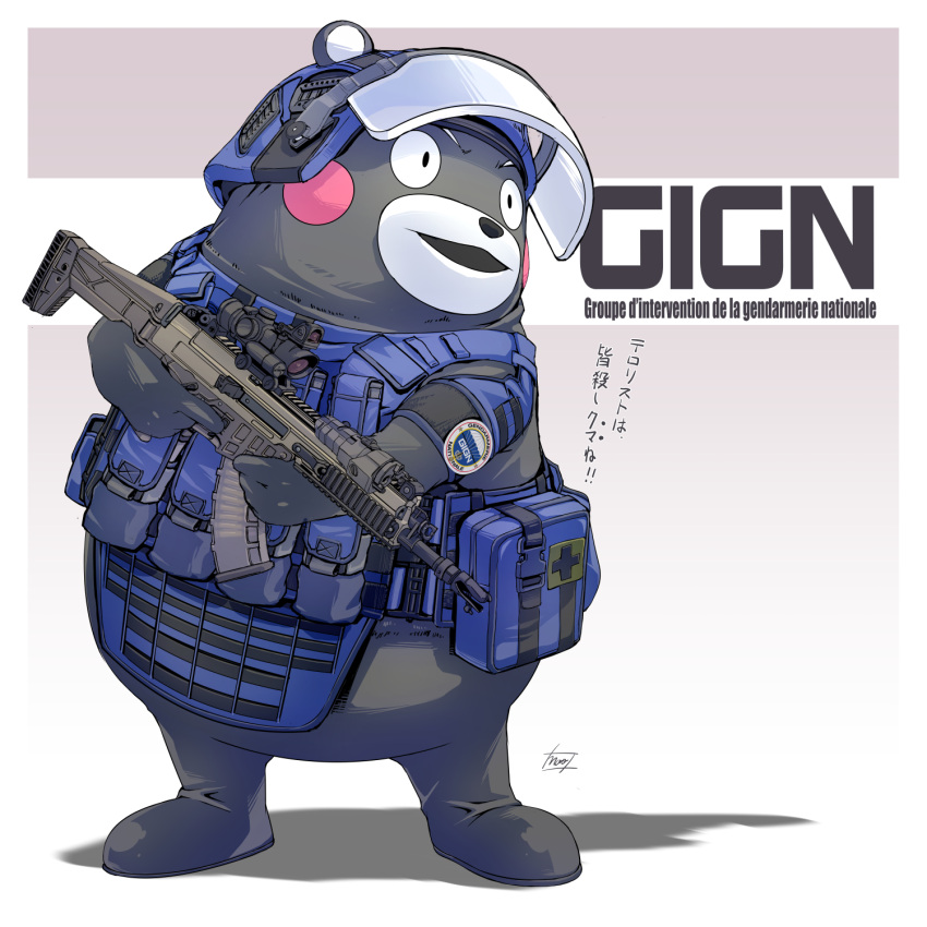 1boy, ammunition_pouch, assault_rifle, bear, body_armor, faceplate, first_aid_kit, fn_scar