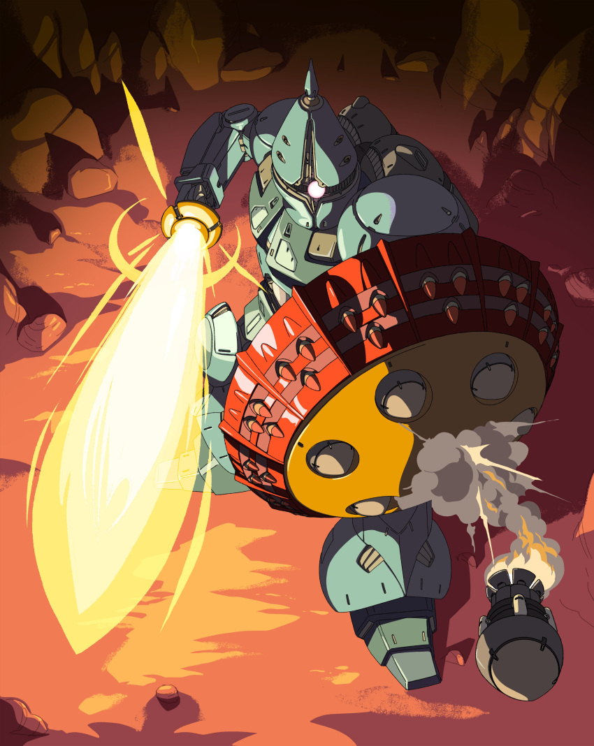 absurdres, beam_saber, english_commentary, evan_palmer, firing, gundam, gyan, highres, holding, holding_shield, holding_sword, holding_weapon, mecha, missile, mobile_suit, mobile_suit_gundam, no_humans, one-eyed, pink_eyes, science_fiction, shield, smoke, solo, sword, weapon, zeon