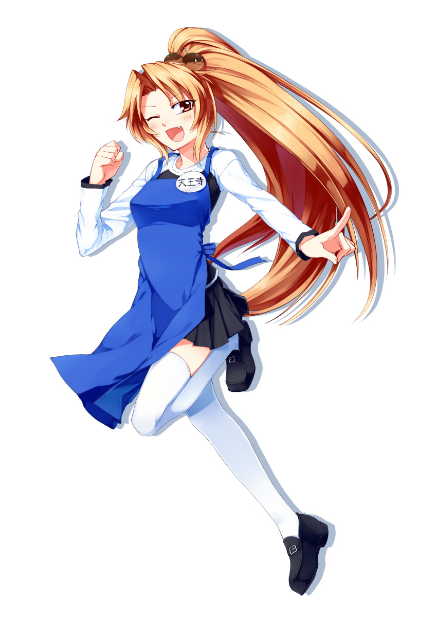 apron, blonde_hair, fang, happy, highres, long_hair, open_mouth, red_eyes