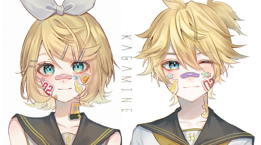 1boy, 1girl, amaharashi_34, aqua_eyes, banana, banana_sticker, bandaid, bandaid_on_face, bandaid_on_nose, bangs, bare_arms, bass_clef, black_sailor_collar, blonde_hair, bow, character_name, close-up, closed_mouth, collarbone, dot_nose, eyebrows_visible_through_hair, eyelashes, face, food, fruit, hair_between_eyes, hair_bow, hair_ornament, hairclip, high_ponytail, highres, kagamine_len, kagamine_rin, light_smile, looking_at_viewer, musical_note, musical_note_print, musical_note_sticker, number_print, one_eye_closed, orange_(fruit), orange_sticker, sailor_collar, short_hair, short_ponytail, side-by-side, simple_background, star_(symbol), star_sticker, steamroller, steamroller_sticker, sticker, swept_bangs, text_focus, treble_clef, tsurime, upper_body, vocaloid, white_background, white_bow, yellow_neckwear