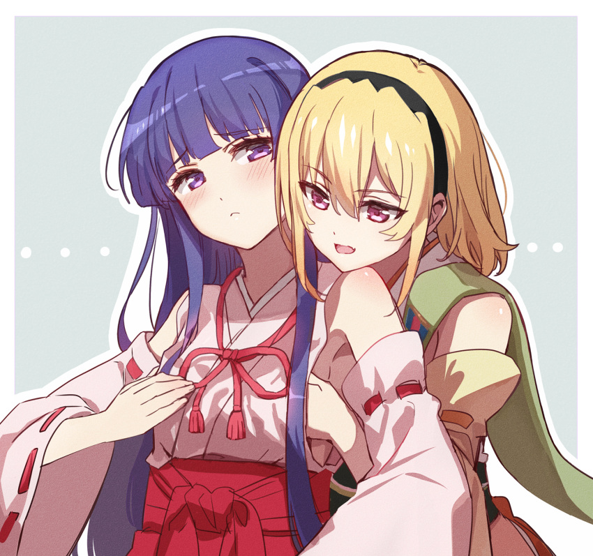 2girls, :<, :d, black_hairband, blonde_hair, blue_hair, blush, detached_sleeves