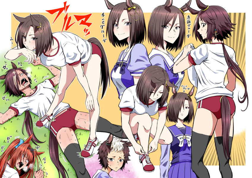 4girls, air_groove_(umamusume), animal_ears, birii, blush, bow, bowtie, brown_hair