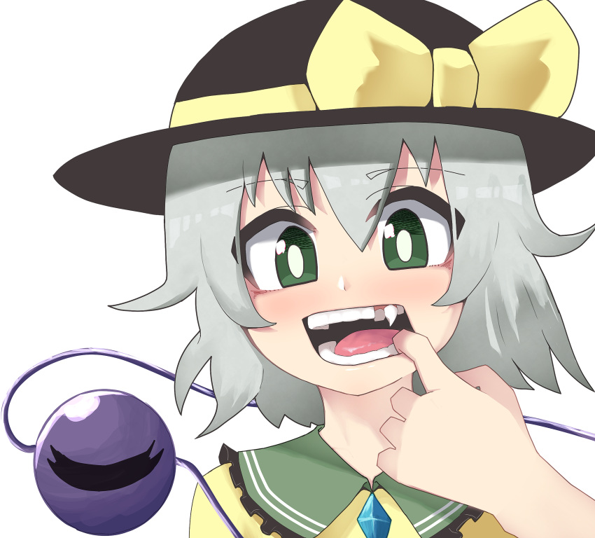 1girl, bangs, black_headwear, bow, bright_pupils, commentary_request, crooked_teeth, eyebrows_visible_through_hair