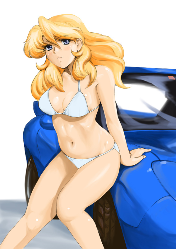 blonde_hair, blue_eyes, car, funky-harem, long_hair, motor_vehicle, shiny, shiny_skin