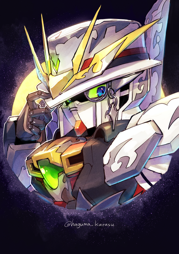 arsene_gundam_x, artist_name, blue_eyes, colored_sclera, fedora, green_sclera, gundam, haguma_karasu, hat, looking_at_viewer, mecha, monocle, science_fiction, sd_gundam, sd_gundam_world_heroes, solo, upper_body, v-fin