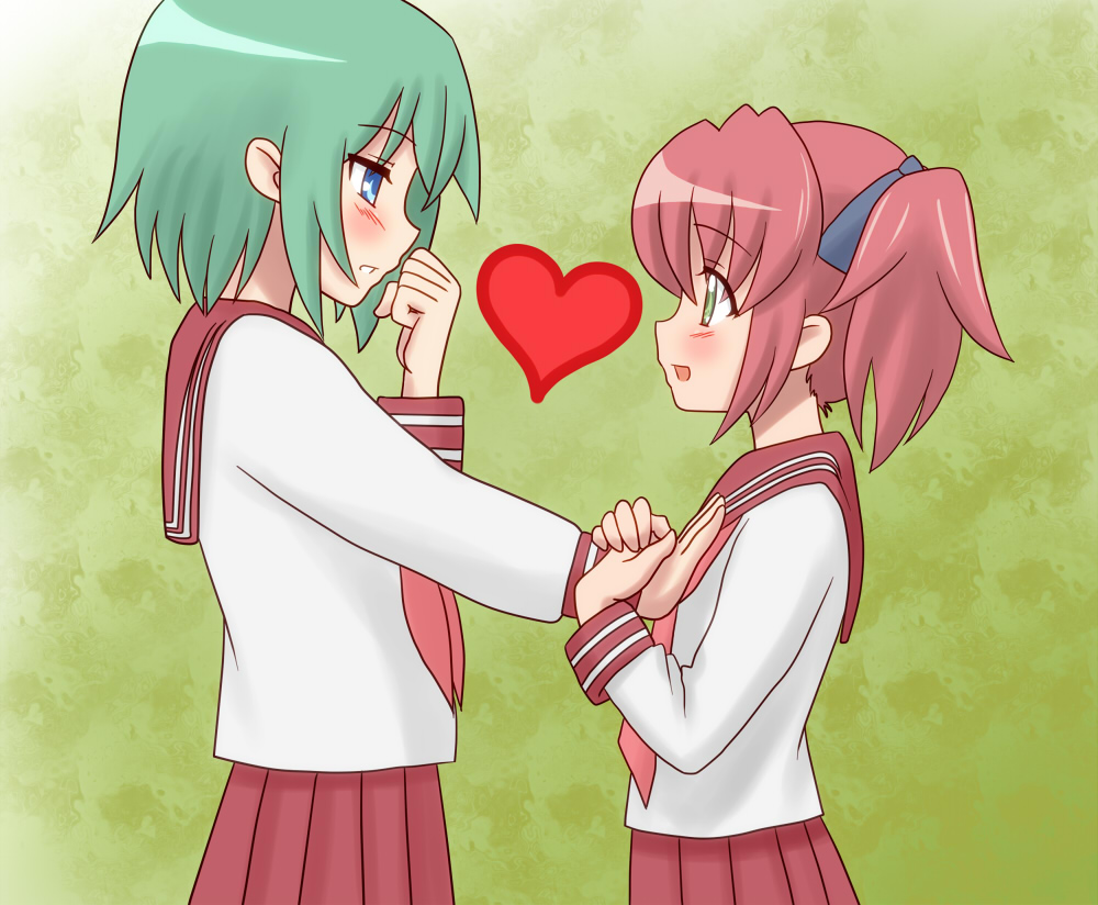 blue_eyes, blush, chunpai, green_eyes, green_hair, heart, iwasaki_minami, kobayakawa_yutaka
