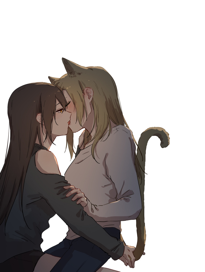 2girls, animal_ears, arm_grab, blush, brown_hair, closed_mouth, commentary_request, eyebrows_visible_through_hair