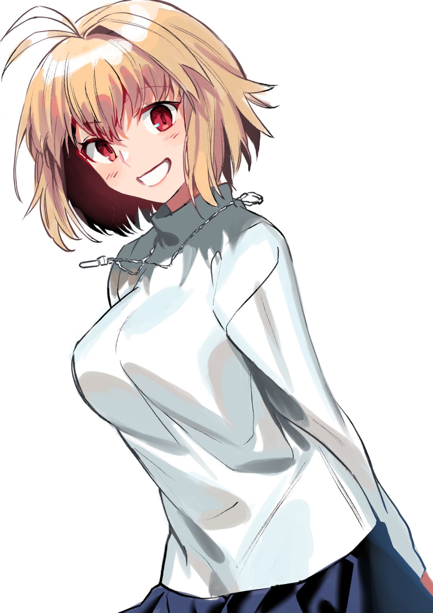 1girl, antenna_hair, arcueid_brunestud, arms_behind_back, blonde_hair, blue_skirt, breasts, cowboy_shot