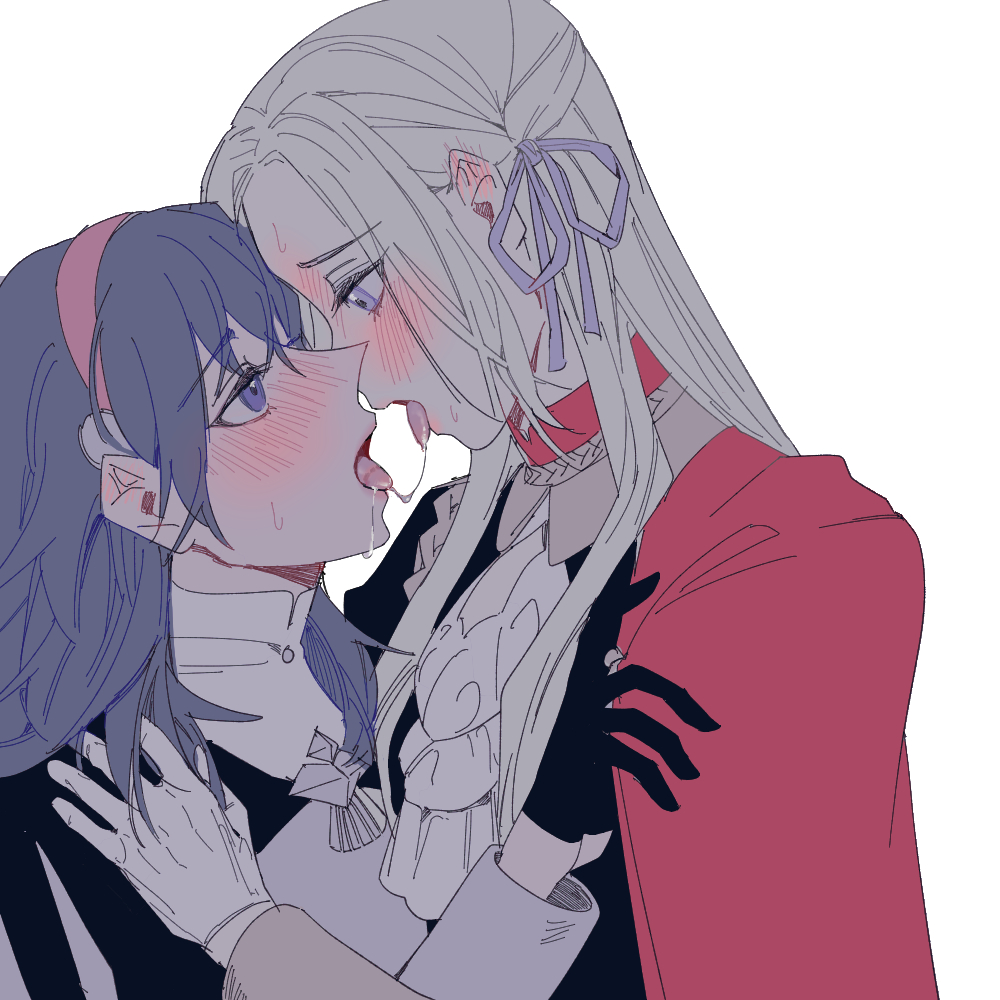 2girls, after_kiss, bang_gu9, blonde_hair, blue_hair, byleth_(fire_emblem), byleth_eisner_(male), commentary_request, edelgard_von_hresvelg, eye_contact, eyebrows_visible_through_hair, fire_emblem, fire_emblem:_three_houses, looking_at_another, multiple_girls, saliva, saliva_trail, yuri