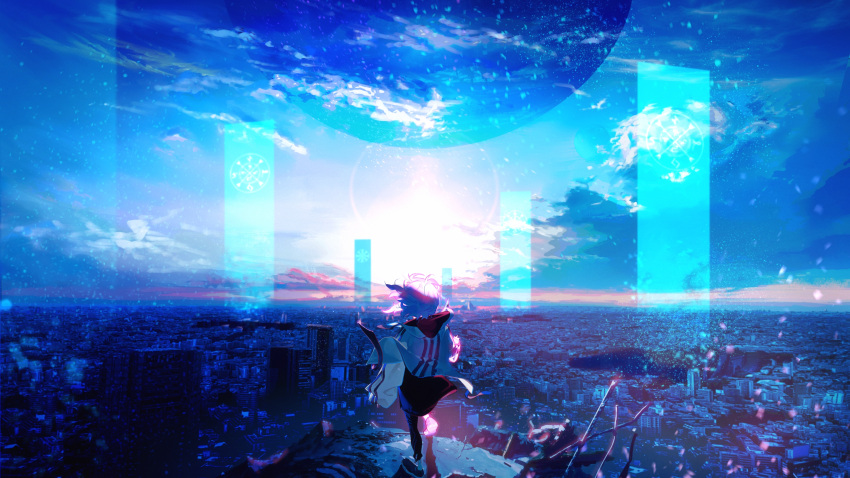 1other, ambiguous_gender, blue_sky, blue_theme, cityscape, commentary, facing_away, full_body