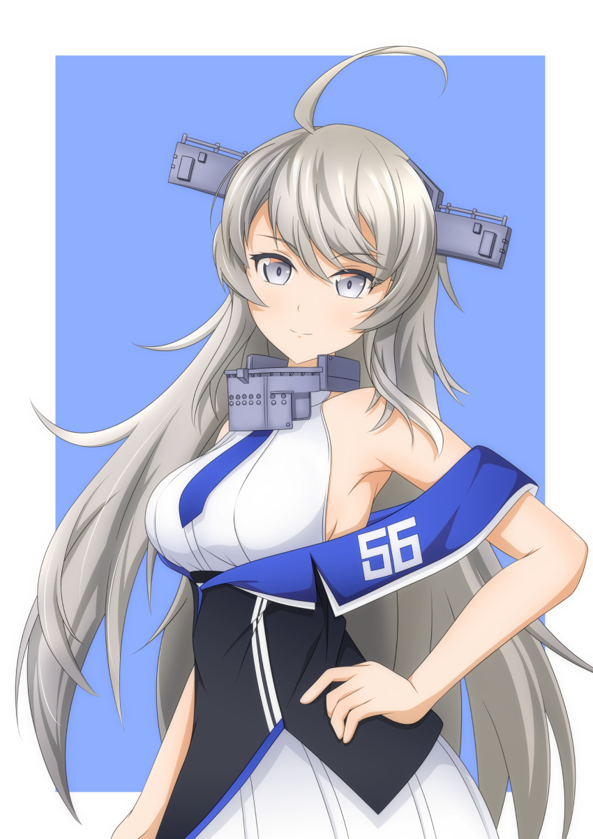 1girl, ahoge, bare_shoulders, bell_shireikan, black_jacket, blue_background, blue_neckwear, blush