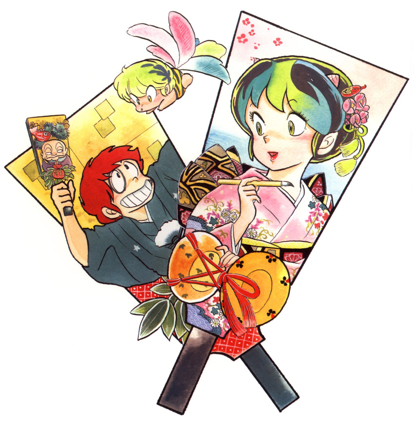 1980s_(style), ball, character_print, cherry_(urusei_yatsura), floral_print, green_hair, grin, highres