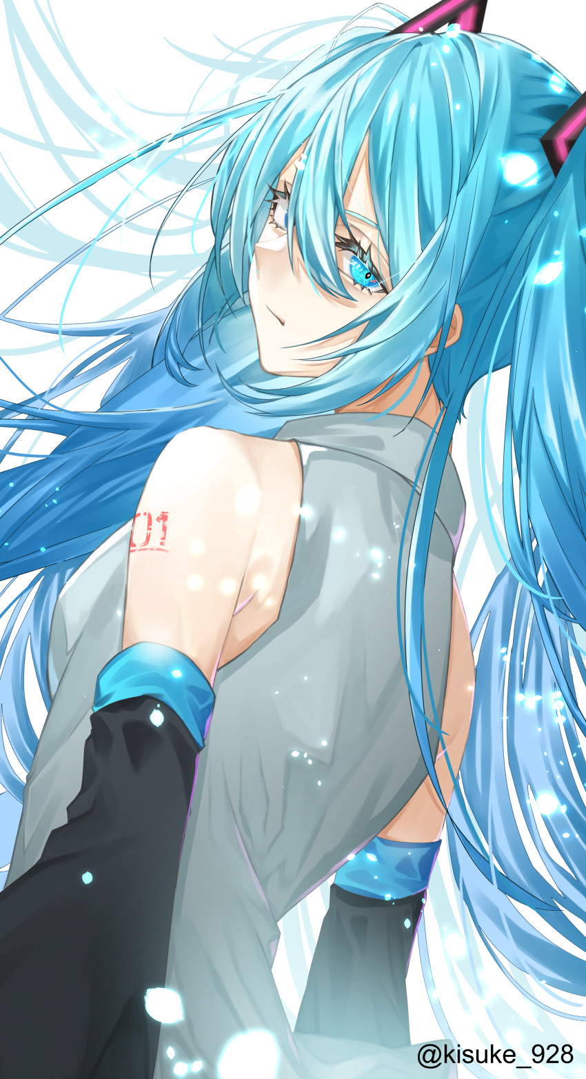1girl, absurdres, bangs, black_sleeves, blue_eyes, blue_hair, closed_mouth, detached_sleeves