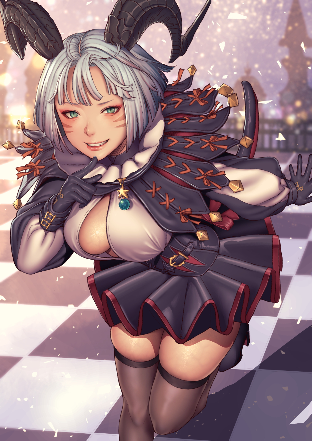 1girl, avatar_(ffxiv), blurry, blurry_background, breasts, center_opening, checkered, checkered_floor