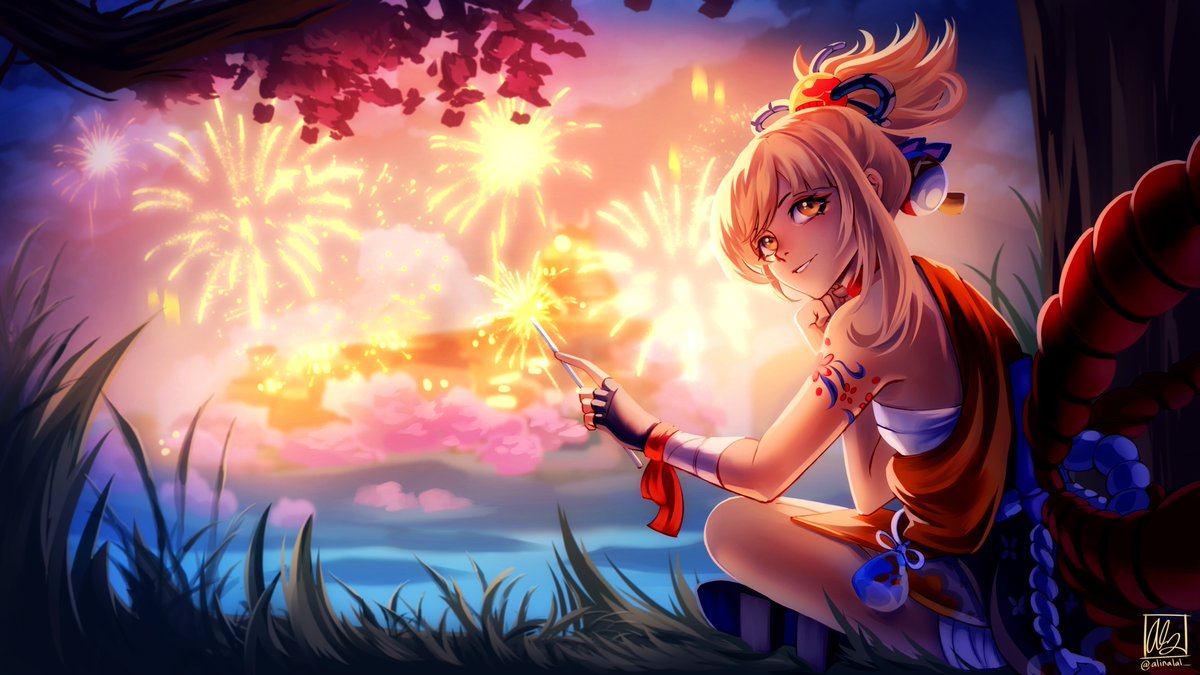 1girl, alina_l, arm_support, arm_tattoo, armpits, bangs, bare_back, black_gloves, choker, clouds, cloudy_sky, commentary, english_commentary, eyebrows_visible_through_hair, fingerless_gloves, fireworks, from_behind, genshin_impact, gloves, grass, hair_between_eyes, hair_ornament, head_tilt, holding_fireworks, indian_style, japanese_clothes, long_hair, looking_at_viewer, looking_back, night, night_sky, orange_eyes, orange_hair, parted_lips, ponytail, pouch, rope, sarashi, senkou_hanabi, shimenawa, sidelocks, signature, sitting, sky, smile, solo, sparkler, tattoo, tree, twitter_username, yoimiya_(genshin_impact)