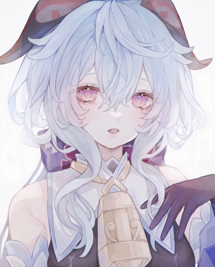 absurdres, bangs, bare_shoulders, bell, black_gloves, blue_hair, detached_sleeves, ganyu_(genshin_impact)