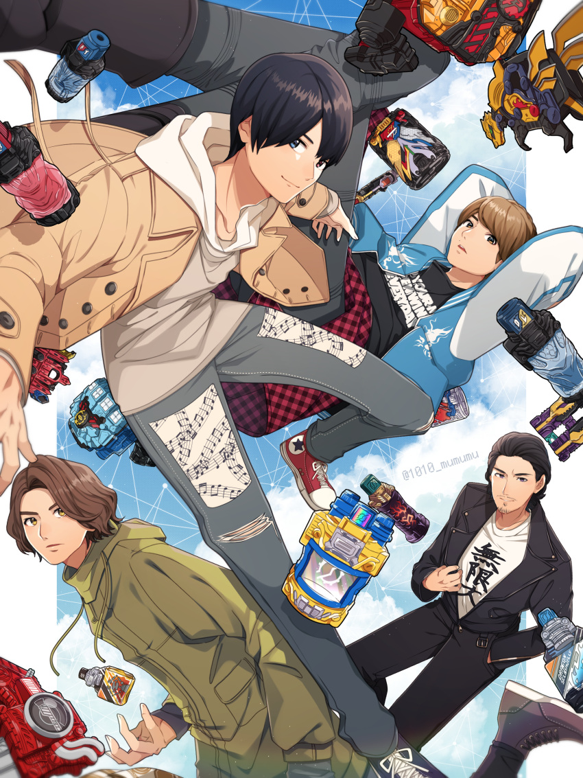 1010_mumumu, 4boys, absurdres, arms_behind_head, asymmetrical_footwear, banjou_ryuuga, black_hair, blue_jacket