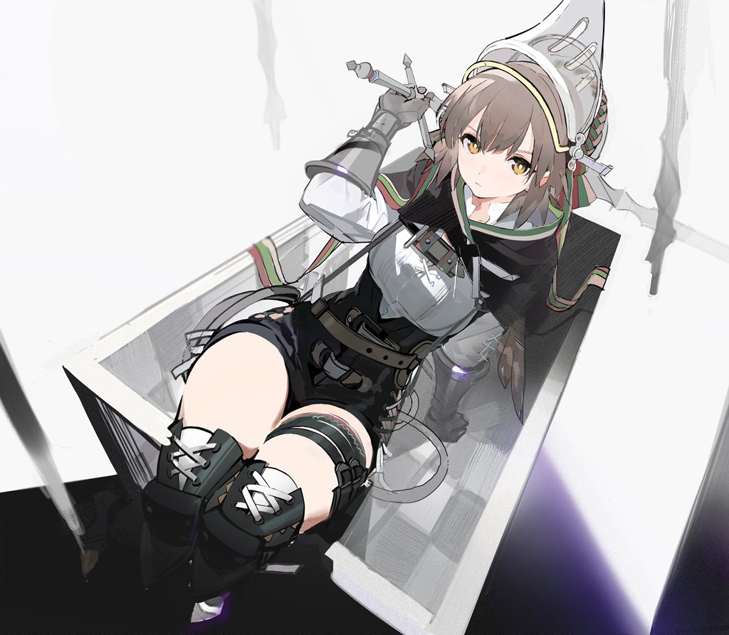 1girl, arknights, arm_support, arm_up, bangs, belt, black_capelet, black_legwear