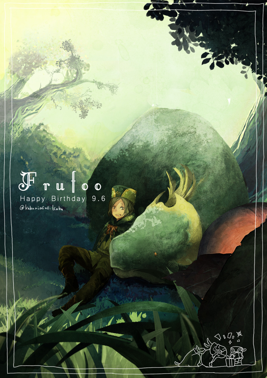 1boy, :d, cape, dragon, forest, frufoo, grass, green_theme