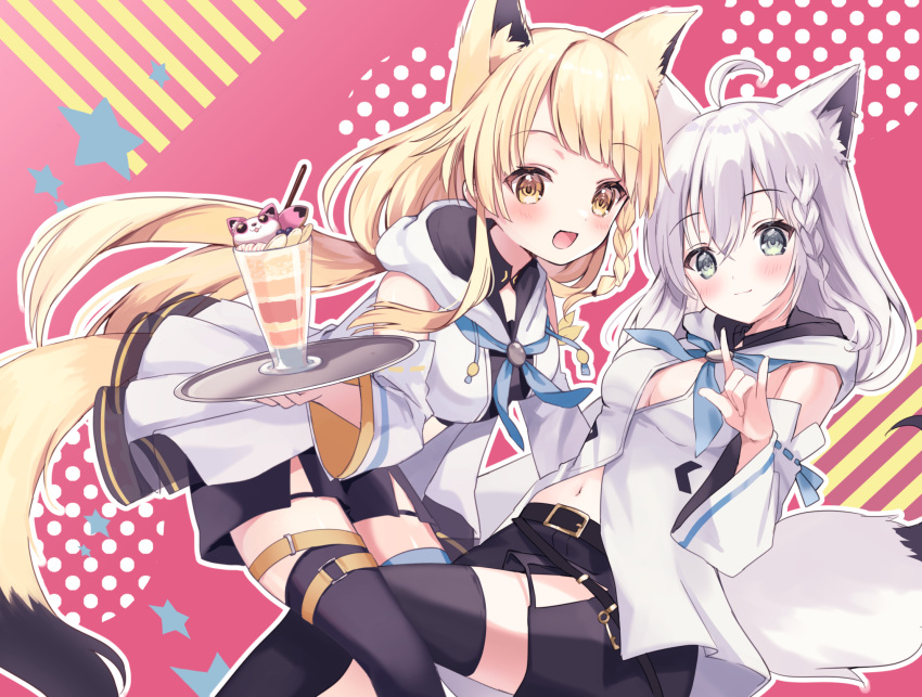 2girls, :d, \m/, ahoge, alternate_costume, alternate_hairstyle, animal_ears, bang_dream!, bangs, belt, black_legwear, black_shorts, blonde_hair, blue_neckwear, blush, braid, breasts, cleavage_cutout, closed_mouth, clothing_cutout, commentary, crossover, detached_sleeves, diagonal_bangs, eyebrows_visible_through_hair, feet_out_of_frame, fox_ears, fox_girl, fox_tail, grey_eyes, highres, holding, holding_tray, hololive, hood, hood_down, hooded_jacket, jacket, long_hair, long_sleeves, looking_at_viewer, medium_breasts, medium_hair, muikou_(moeko0903), multiple_girls, navel, neckerchief, official_alternate_costume, official_alternate_hairstyle, open_mouth, orange_eyes, red_background, shirakami_fubuki, shorts, side_braid, sidelocks, silver_hair, single_braid, sleeveless, sleeveless_jacket, smile, stomach, tail, thigh-highs, tray, tsurumaki_kokoro, virtual_youtuber, white_jacket, wide_sleeves