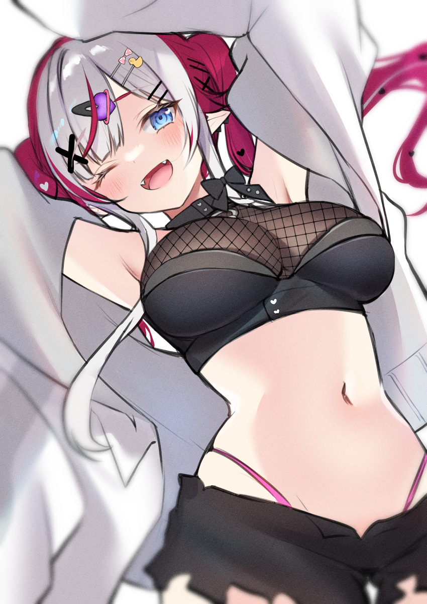 1girl, ;d, absurdres, bangs, black_bow, black_shorts, blue_eyes, blush, bow, breasts, buta_tamako, commentary_request, cowboy_shot, crop_top, duck_hair_ornament, fangs, fishnet_top, fishnets, galaxy_ito, hair_bow, hair_ornament, hairclip, heart, heart_hair_ornament, highleg, highres, indie_virtual_youtuber, jacket, large_breasts, long_hair, long_sleeves, looking_at_viewer, multicolored_hair, navel, one_eye_closed, open_clothes, open_jacket, open_mouth, panty_straps, pointy_ears, polka_dot, polka_dot_bow, redhead, short_shorts, shorts, silver_hair, simple_background, smile, solo, stomach, twintails, two-tone_hair, virtual_youtuber, white_background, white_jacket, x_hair_ornament